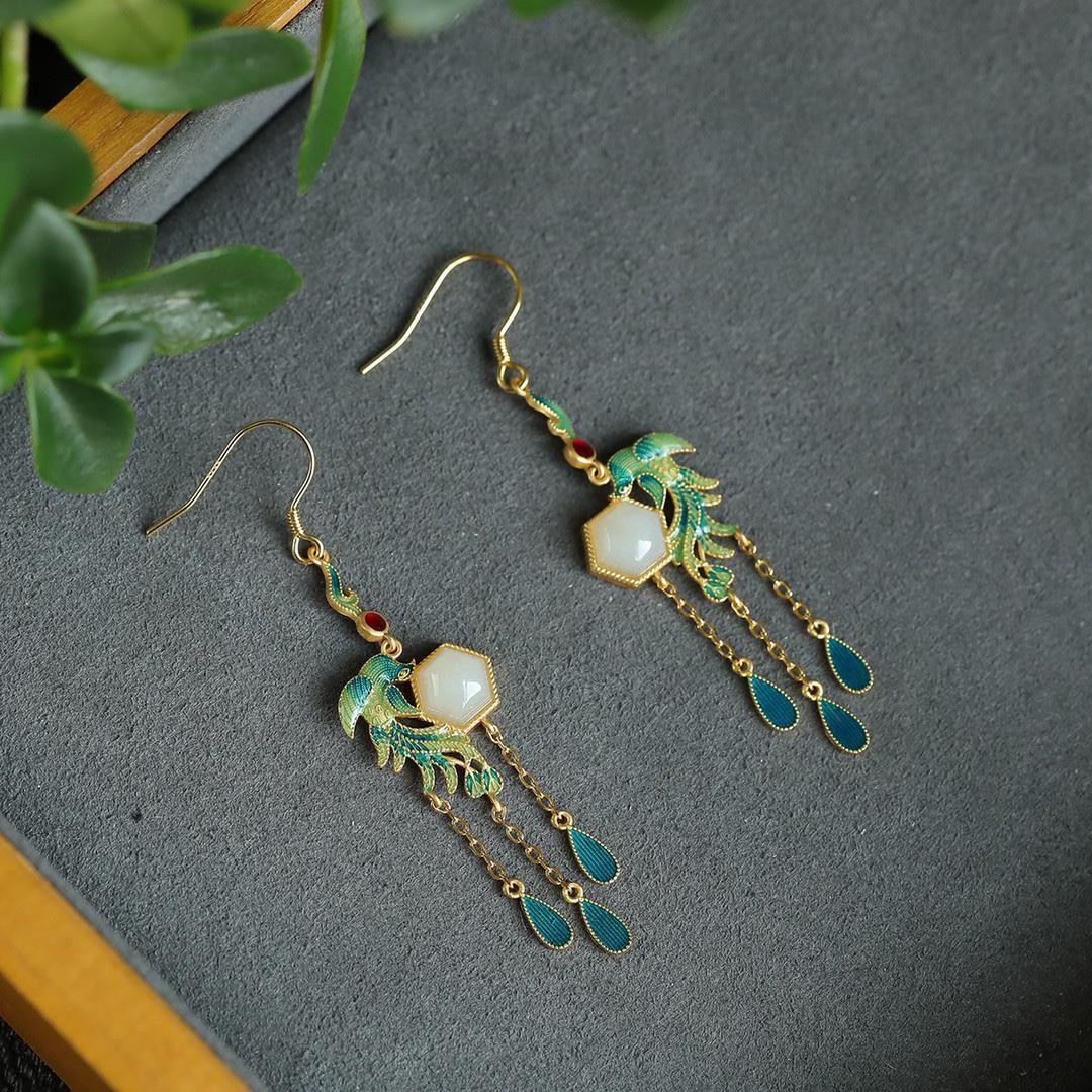 Vintage Chinese Style Hetian Inlay Earrings Stud Jewelry Women Accessories