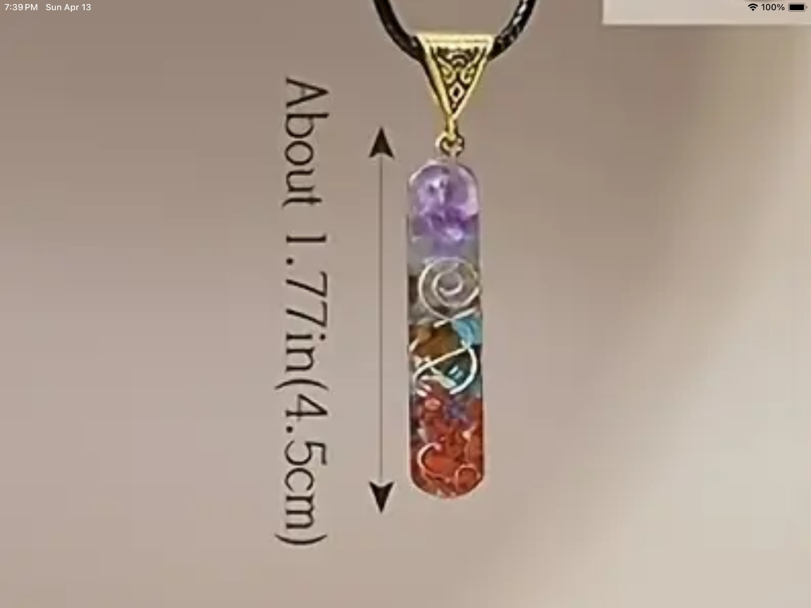 7 Charka Natural Stone/Copper Coil in Resin Amulet Brass Bail 16” Rope Chain