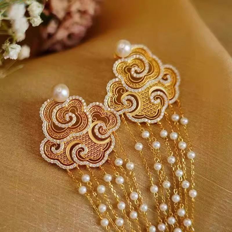 Cloud Pattern Pearl Tassel Earrings Vintage Chinese Style Hanfu Jewelry