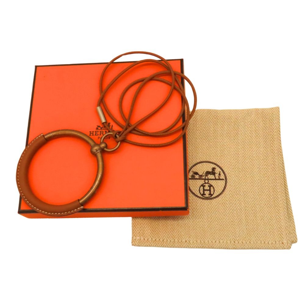 Used Hermes Loop Grand Pendant Gold Vaux Swift Aluminum Necklace Brown Tea Acces