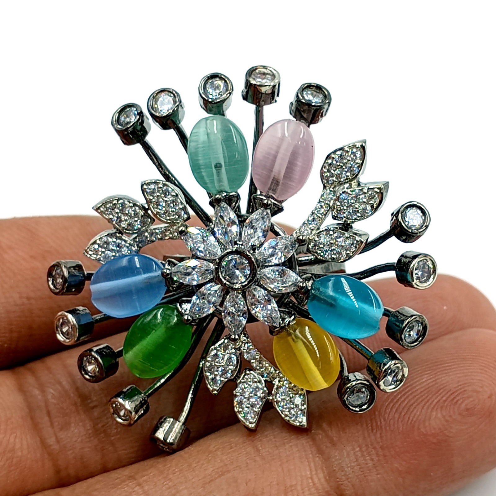 Handmade Multi Stone Ring Adjustable Cubic Zirconia Black Rhodium Plated Boho