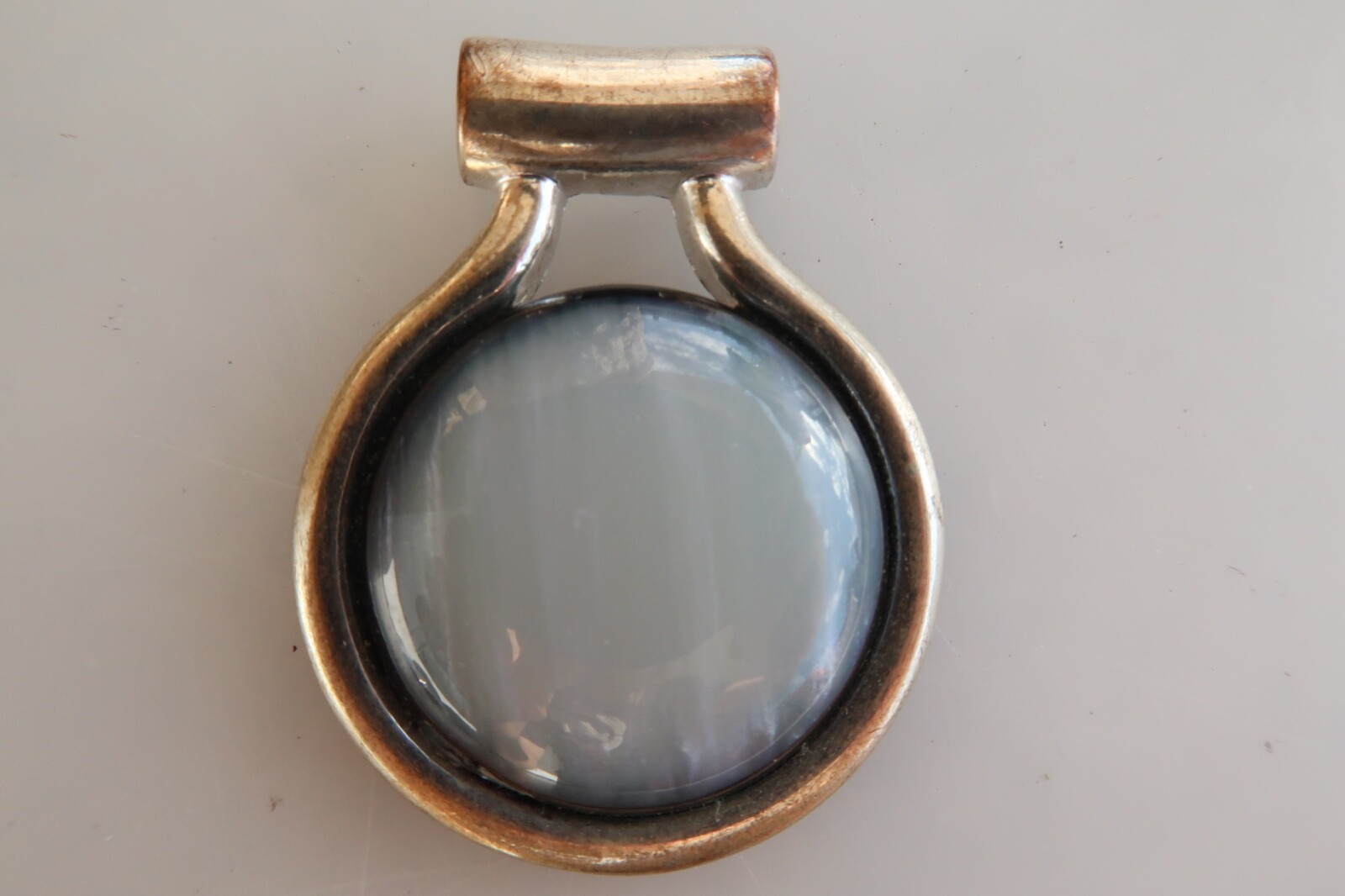 Clear White Iridescent Silver Tone Pendant Marked KC