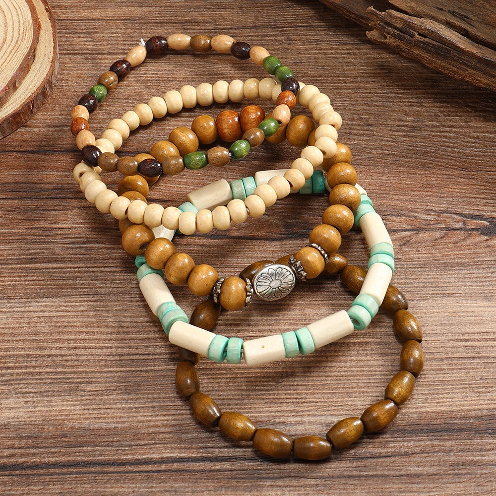 Bracelet For Men Retro Art Style Small Fresh Flower Multi-piece Set Of Wood