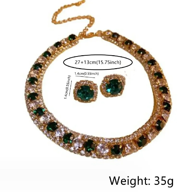 Luxury Crystal Necklace Earrings Set Champagne Green Blue Black Necklace