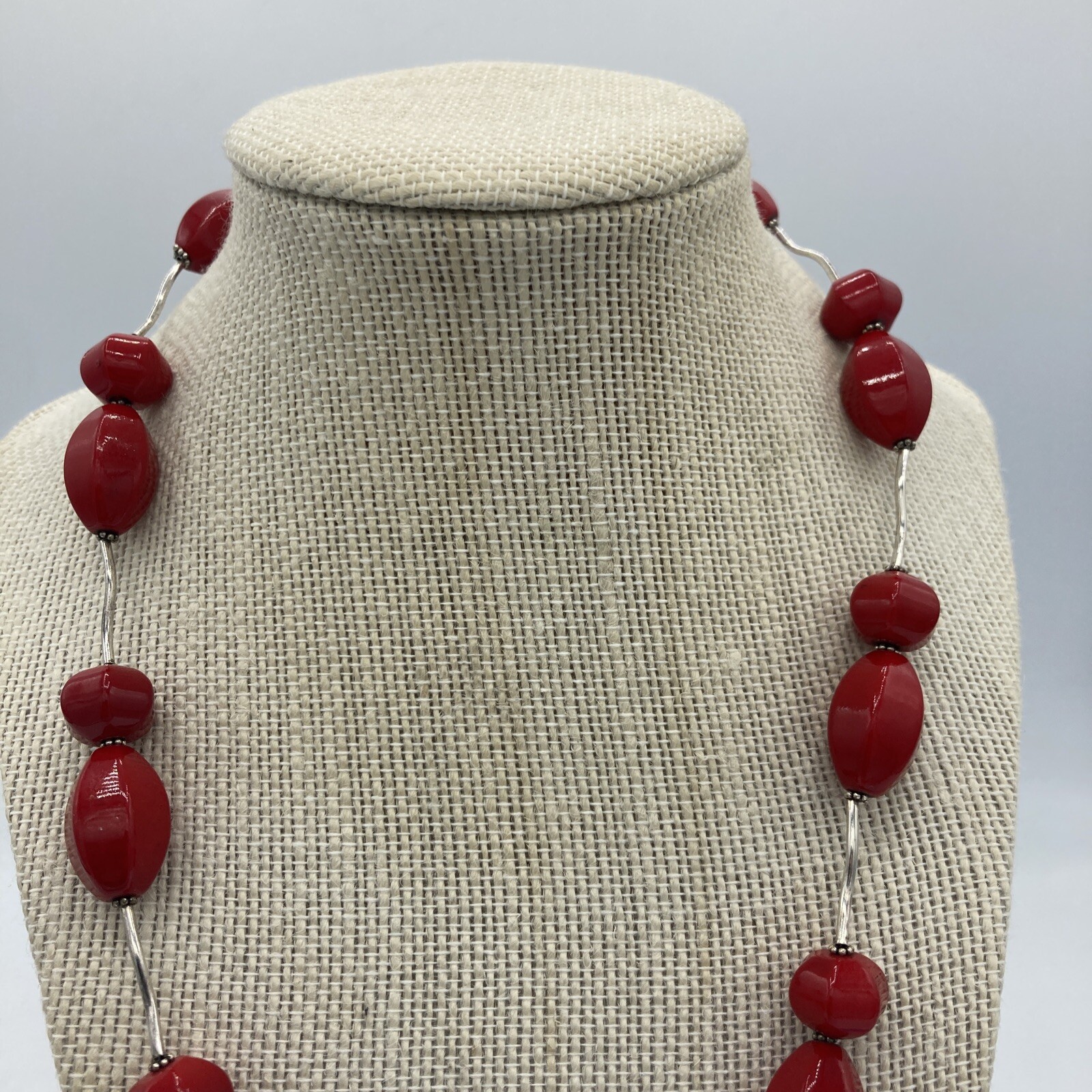 Donna Dressler Necklace Sterling Silver Cherry Red Bead Signed Mod Retro
