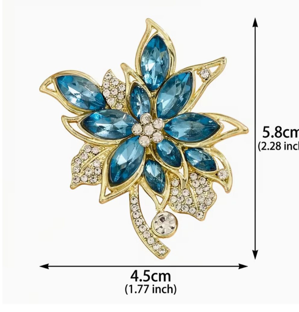 Sparkling Blue Petal Flower Brooch Pin Gold Alloy Rhinestone Crystal Accessory