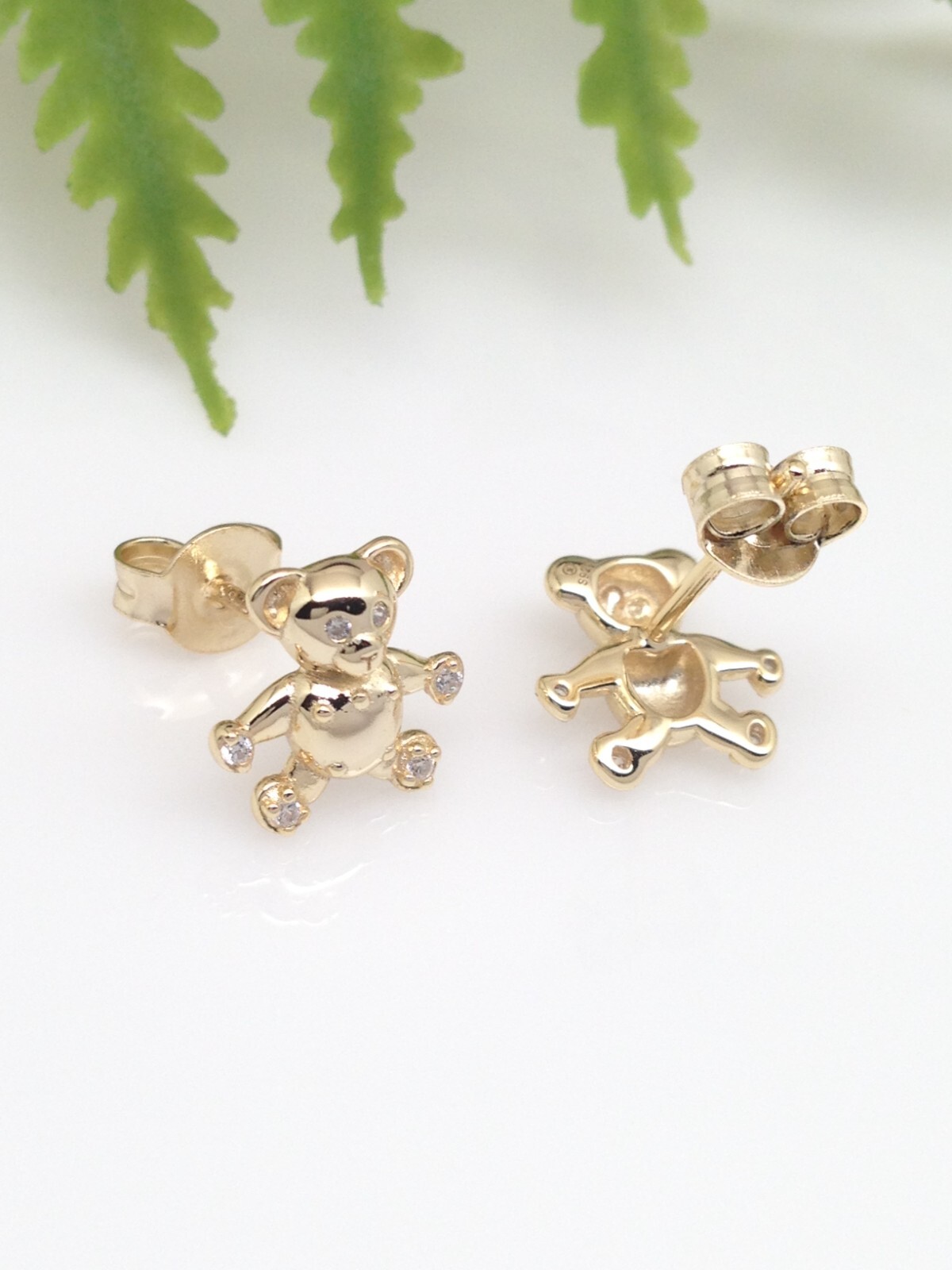925 Sterling Silver CZ Gold Teddy Bear Stud Earrings Tiny Dainty 9mm Women Girls