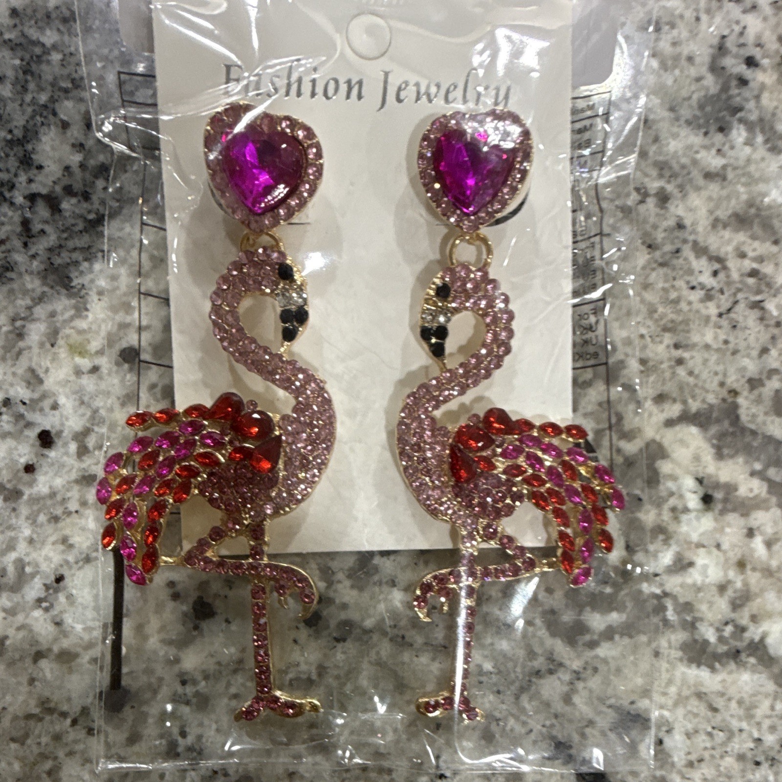 Pink Flamingo Dangle/Drop Earrings Rhinestone Crystal Heart Studs Nickel-Free