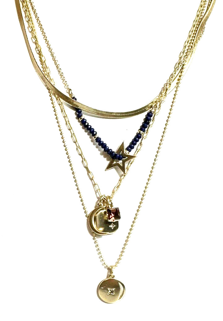 Lucky Brand Gold Tone Star Charm Layered Necklace 3 Strand Pendant NWT 3-in-1