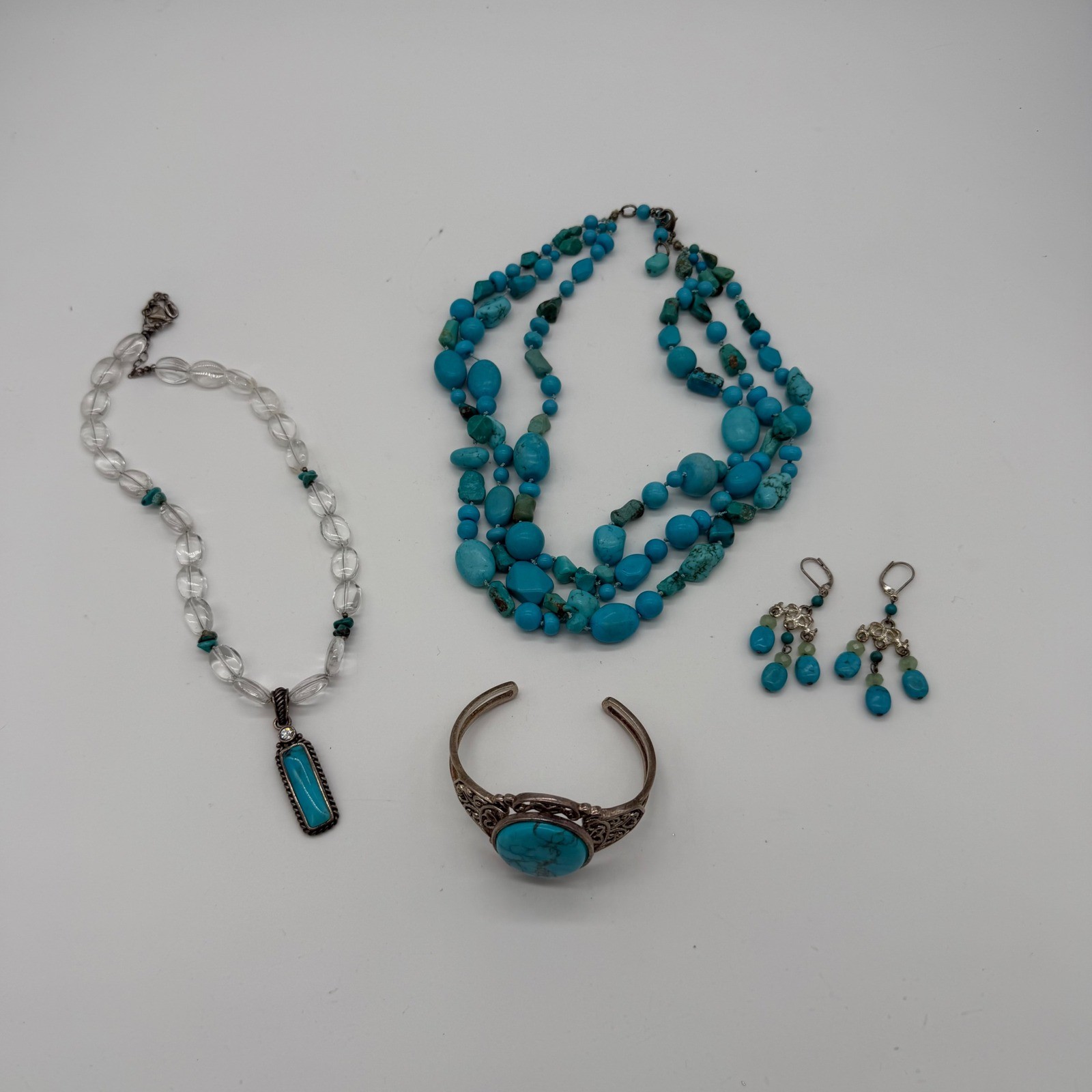Barse Turquoise and Green Stone Chandelier Dangle Earrings Lever Back Silver