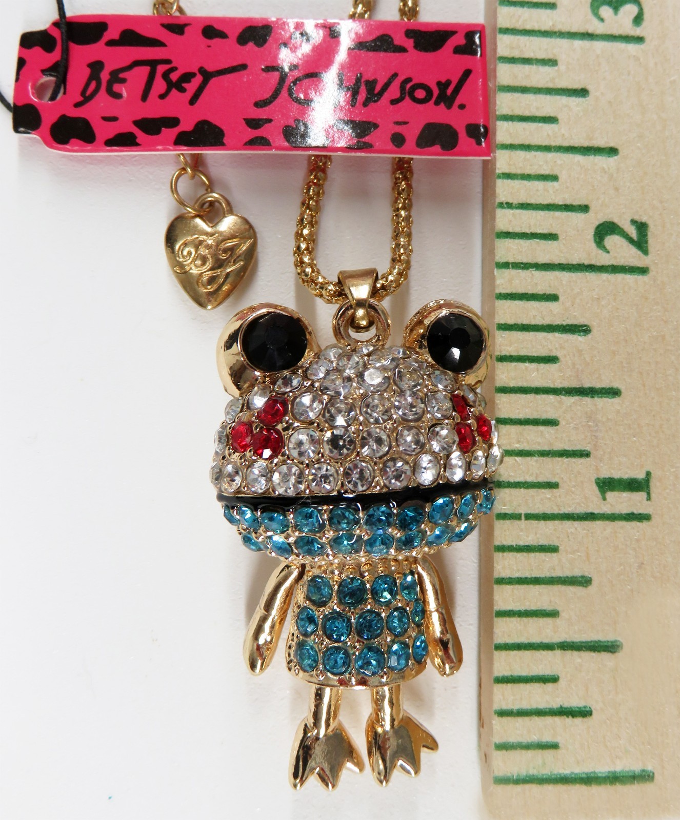 NWT-Blue & Clear & Red Crystal CUTE 3-D Girl Frog Pendant on Goldtone Necklace