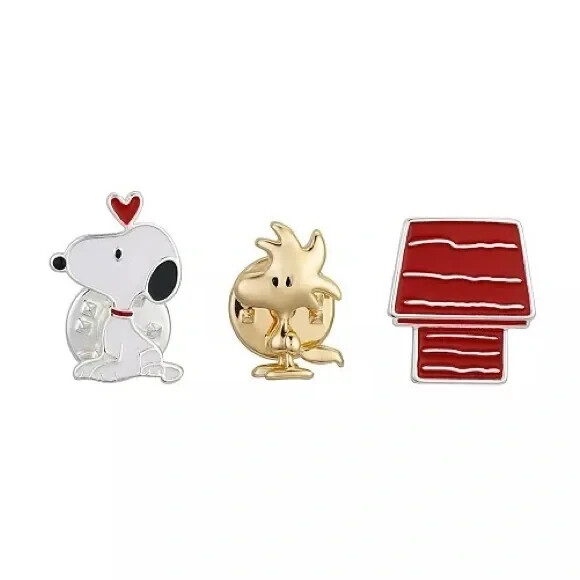 Peanuts Two-Tone Snoopy Woodstock & Red Dog House Lapel Pin Set 3 Piece New