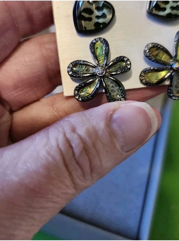 Vintage Guess Hearts Flowers Blue Acrylic Resin Faux Abalone Stud Earrings NWT