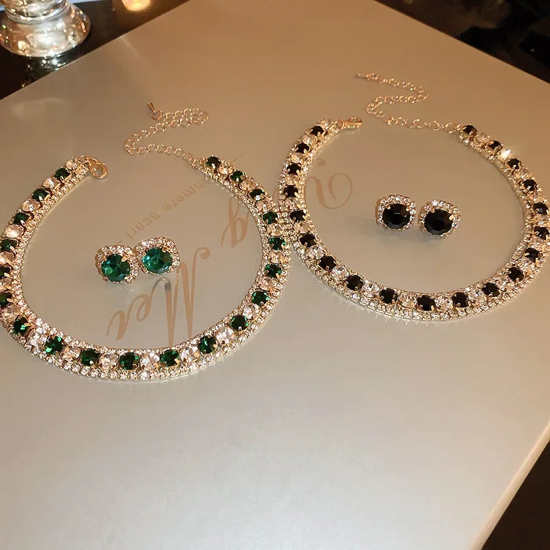 Luxury Crystal Necklace Earrings Set Champagne Green Blue Black Necklace