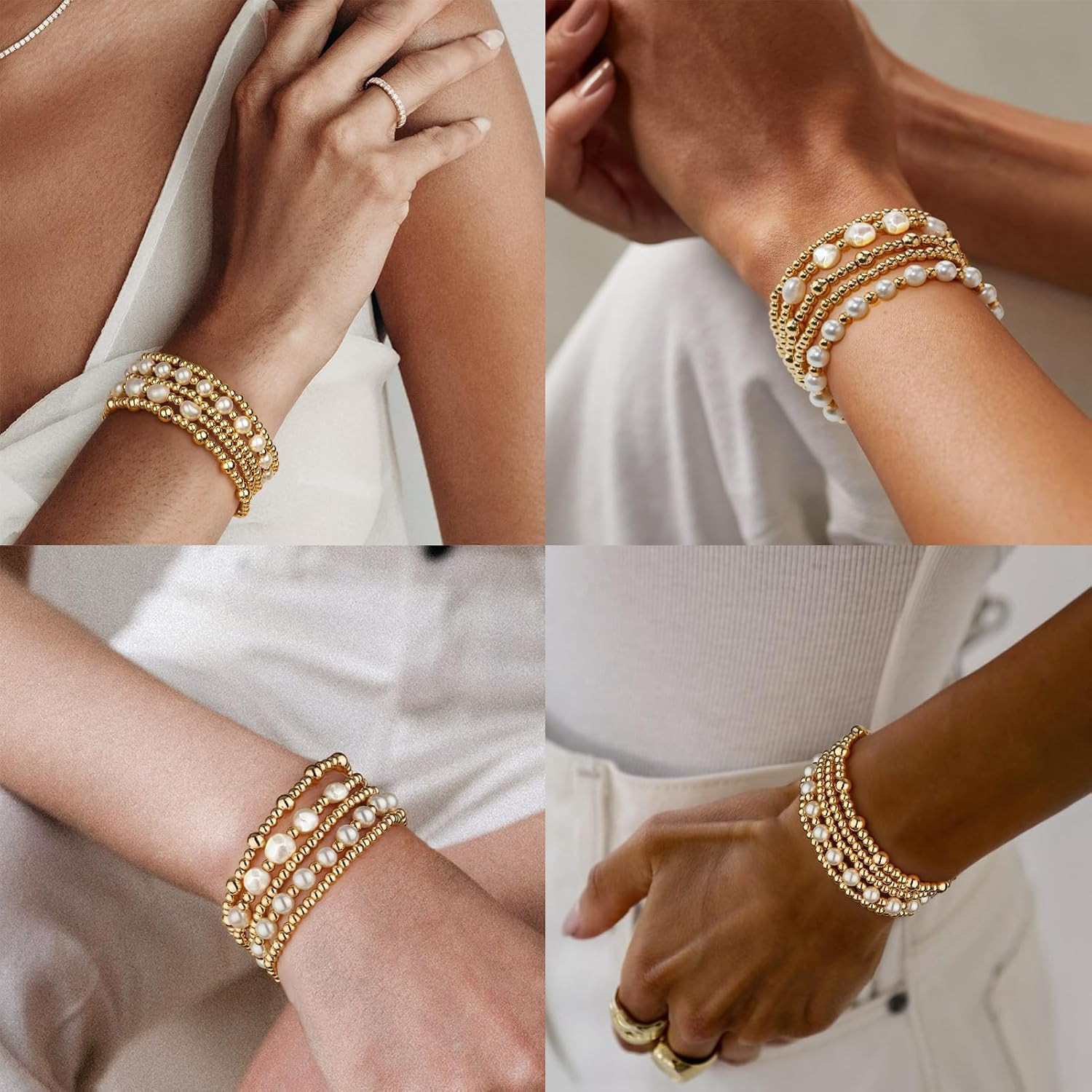 5 Pcs Gold Silver Beaded Bracelet Set Pearl Stretch Stackable Women