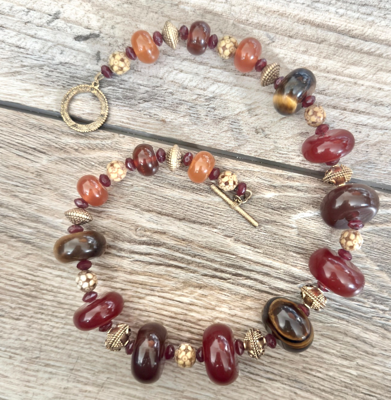 Tigers Eye Mixed Materials Plastic Beaded Statement Necklace Gold Tone