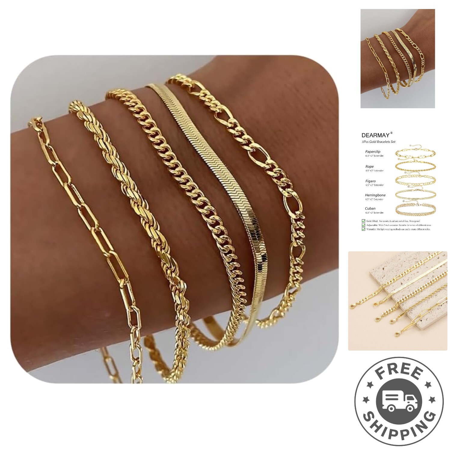 Gold Bracelets for Women Waterproof, 14K Real Gold Jewelry Sets for Women Tre…