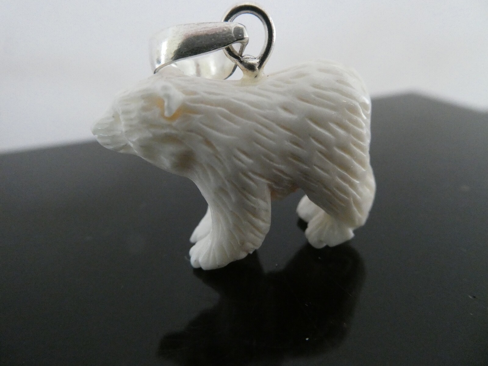 Polar Bear Sterling Silver 925 Carved Bubalus Bubalis Bone Pendant Necklace