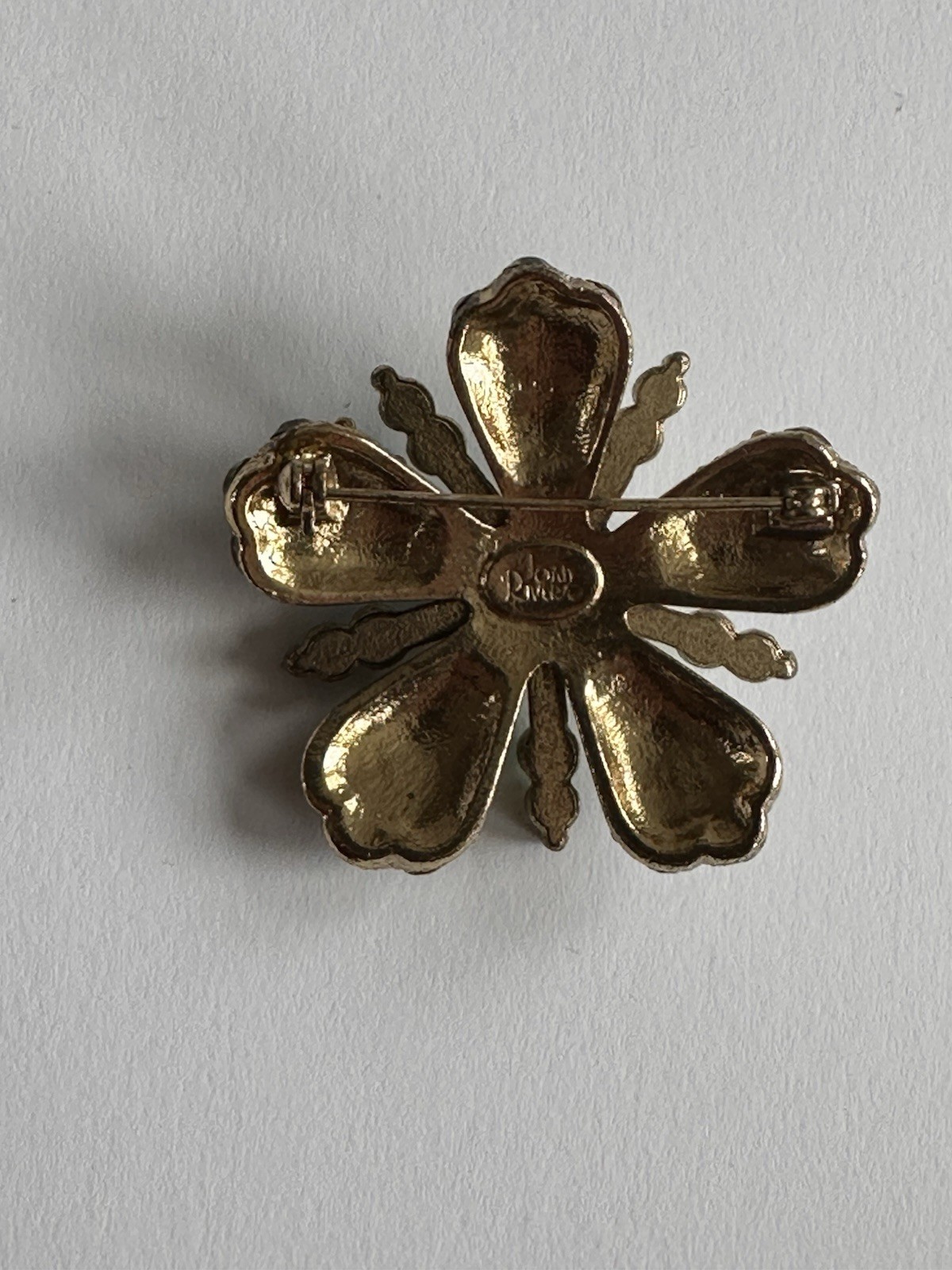 90s vintage D’Orlan Signed Flower Brooch Pin Gold Tone Green Round Rhinestone