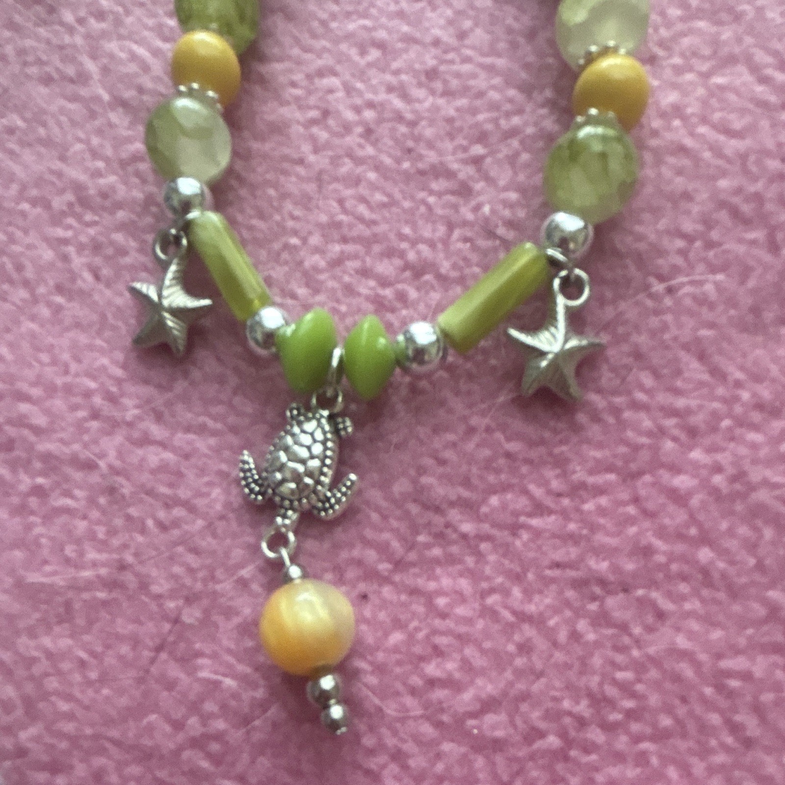 Green & Yellow Beaded Jewelry Set Necklace Bracelet with Turtle Animal Charm
