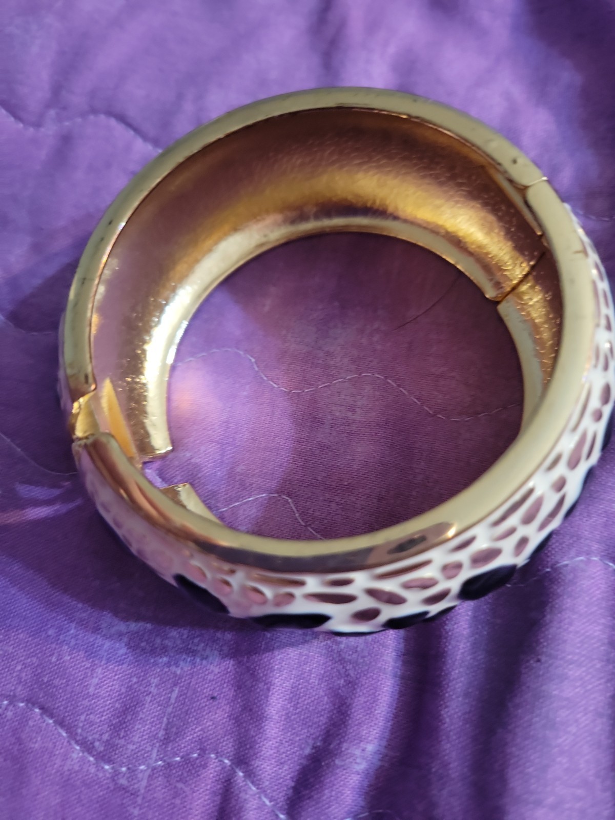 Metal Enamel Ceramic Looking Thick Bracelet Leopard Safari Type Hinged