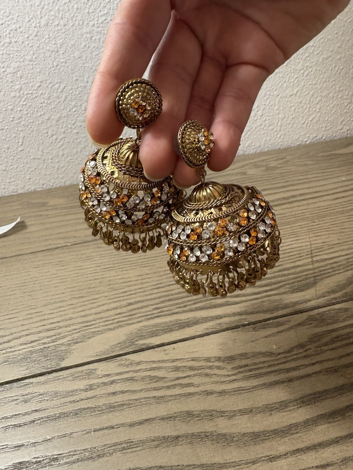 Earrings Brand new Gold & orange jhumka earrings with orange & clear rhinestones