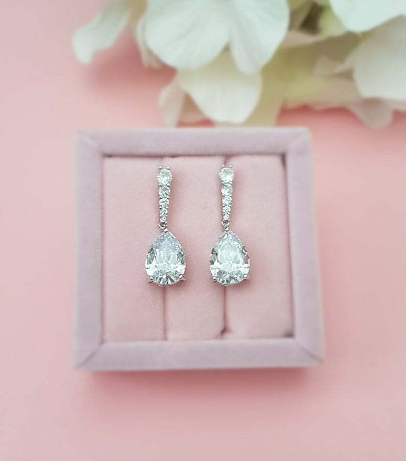 Pear Simulated Diamond Stunning Drop Push Back Earring In 14K White Gold Plated