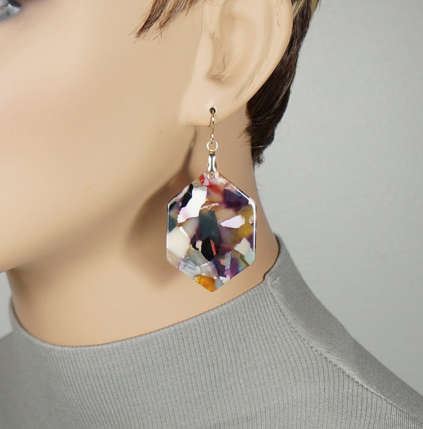 Colorful Hex Statement Boho Earrings, Hypoallergenic 18K Gold or Platinum Wires