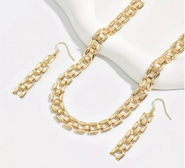 NEW WOMEN’S SQUARE LINK NECKLACE CHOKER & DANGLE DROP EARRING SET YELLOW GOLD