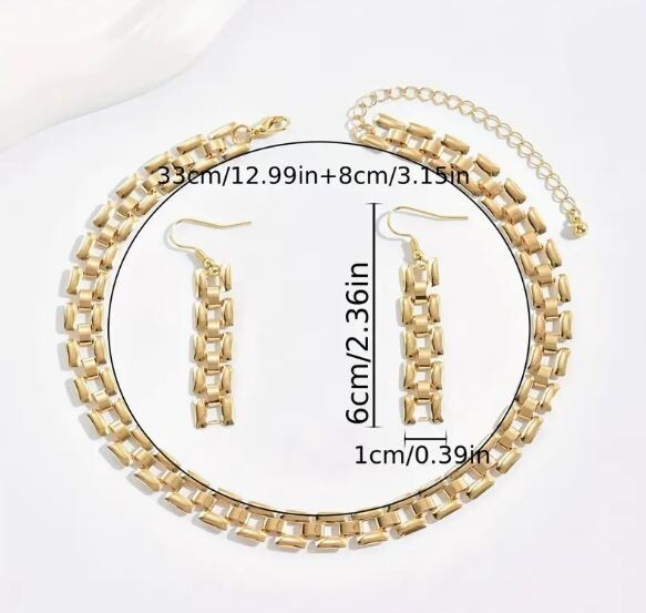 NEW WOMEN’S SQUARE LINK NECKLACE CHOKER & DANGLE DROP EARRING SET YELLOW GOLD