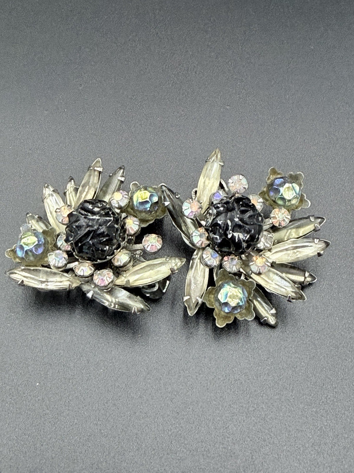 Judy Lee Vintage Signed Blue Rhinestone Flower Clip-On Earrings/Triad Broach Lot