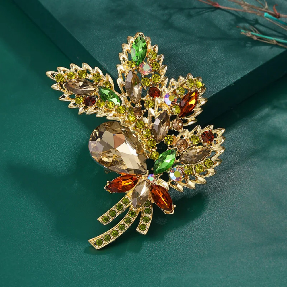 Gold Tone Unique Flower Drop Brooch Pin Pendant Topaz Rhinestone Crystal Jewelry
