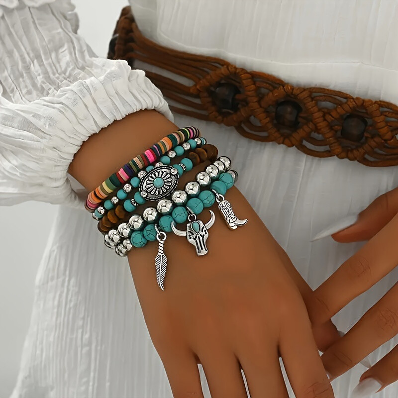 15pcs Bohemian Style Wooden Bead Bracelet Set Multi-Layer Stretch Bead Bracelet