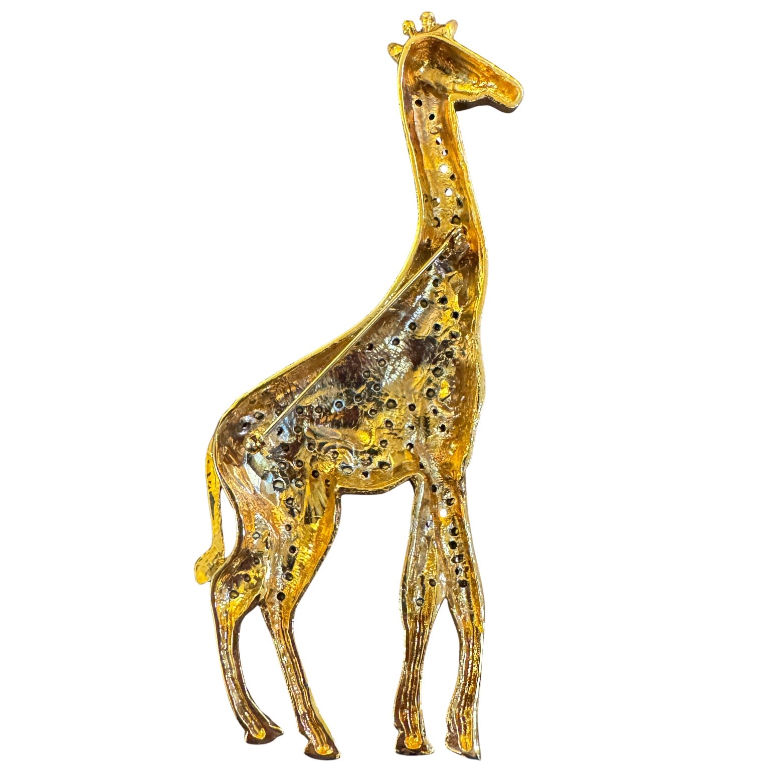 Gold Tone Giraffe Brooch Pavé Rhinestone Black Enamel Spots Green Eye Figural
