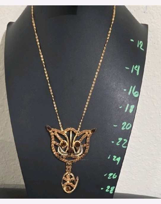 Rare Vintage Unsigned Alice Caviness Amber Toned Rhinestone Cat Necklace