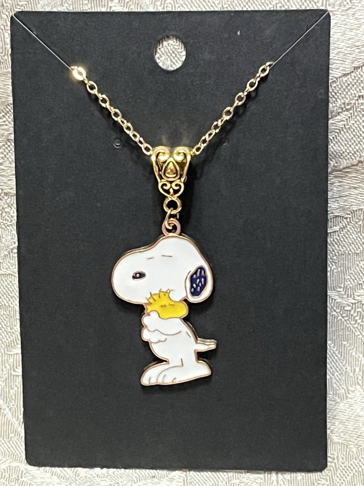 Snoopy Woodstock Hug Gold Enamel Charm Pendant Fashion Boho Gold Necklace 18”