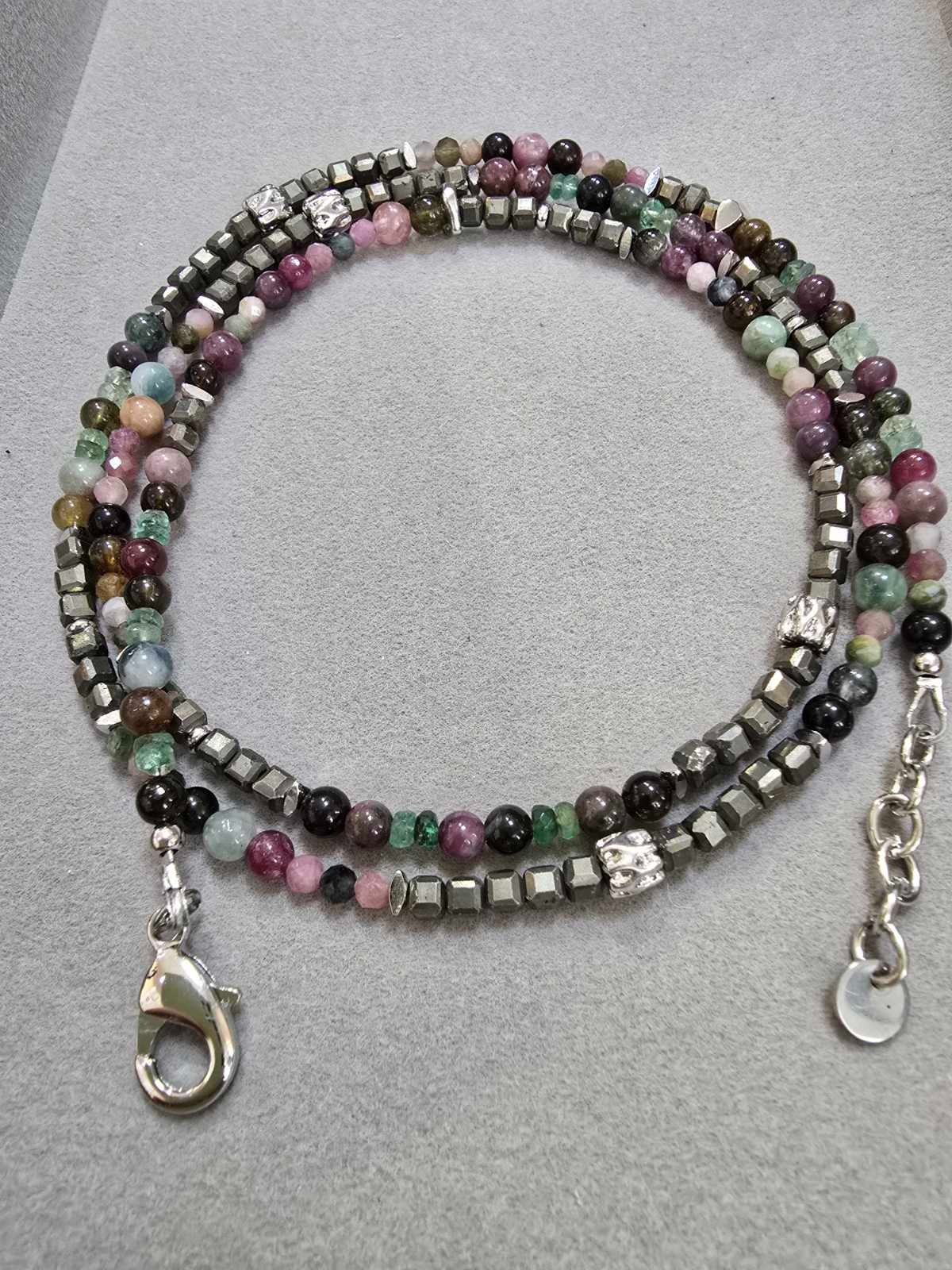 Natural Turmaline Pyrit Emerald Wrap Braselet Rhodium Plated Handmade