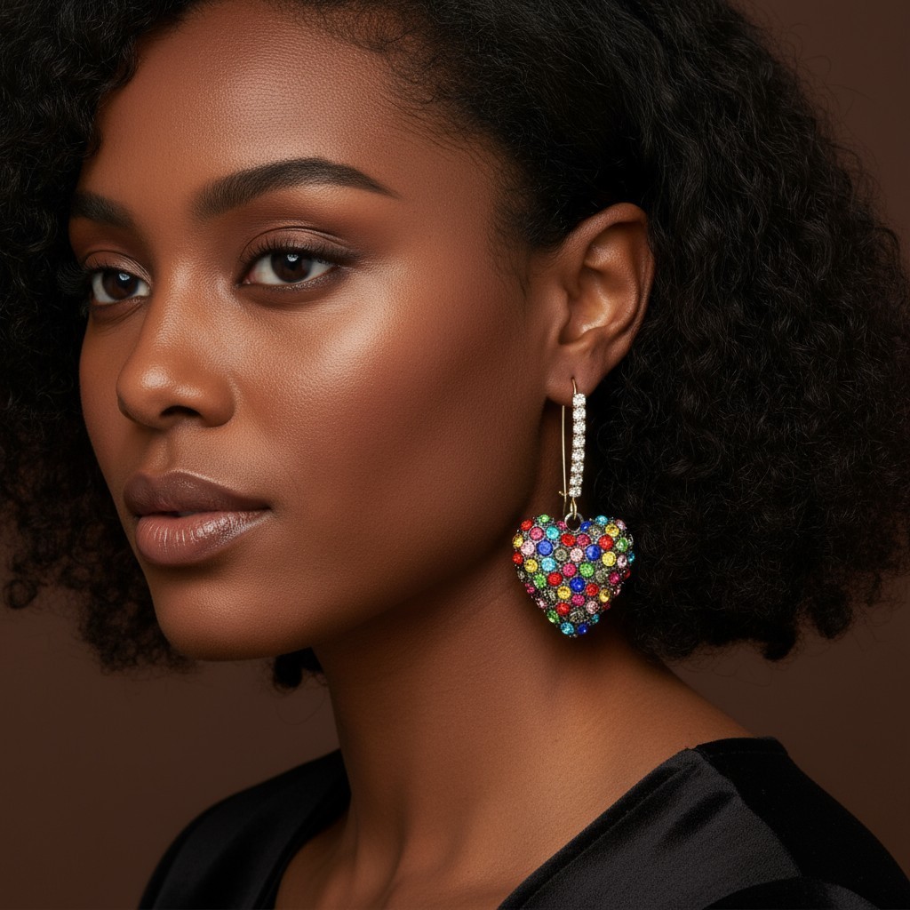 Betsey Johnson Stone Heart Dangle Earrings | Rainbow Pave Stones Crystal Accents