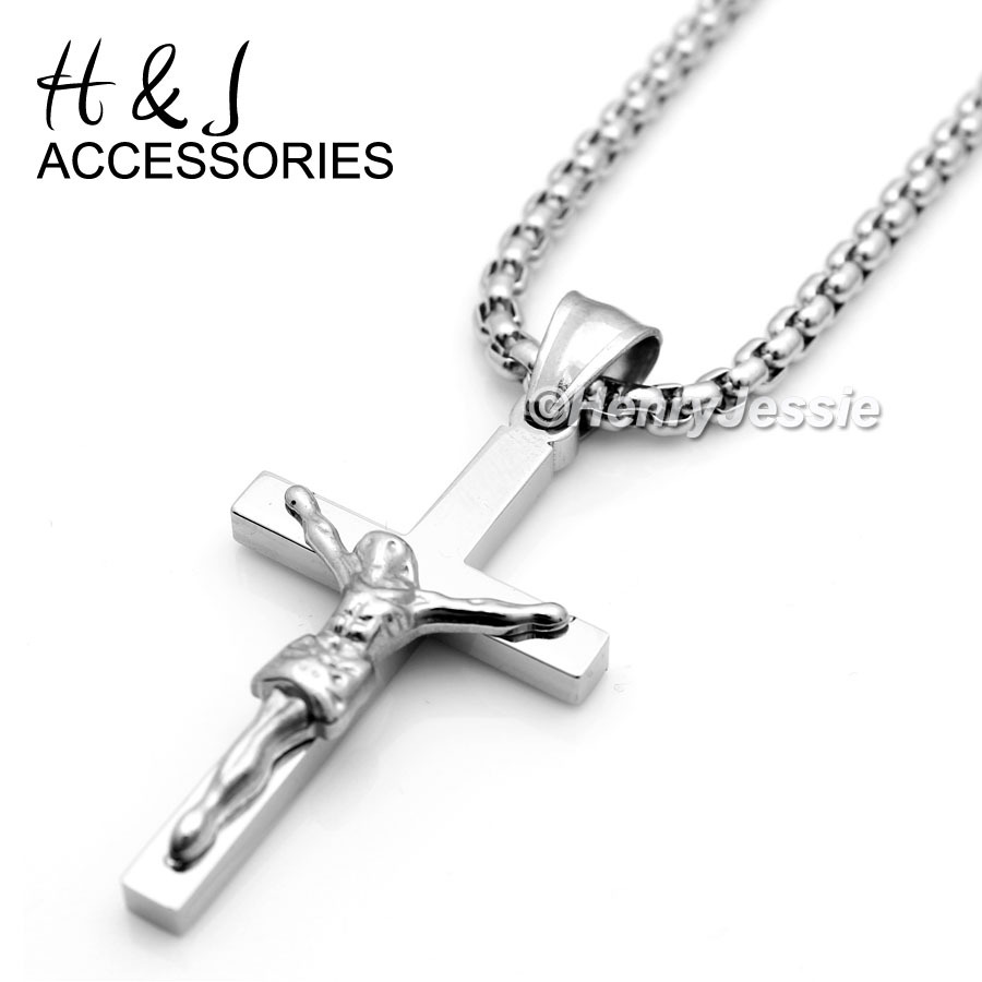 20″MEN Stainless Steel 2mm Silver Smooth Box Link Chain Jesus Cross Pendant*P62
