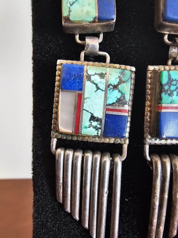 Antique Native American Earrings, Silver (925) and Multi-Stone setting