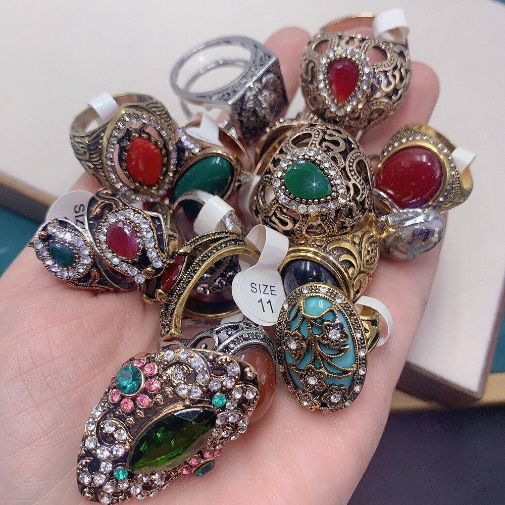 20pcs Mixed Vintage Colorful Gemstone Ring Retro Alloy Finger Deco Ring Bulk Art