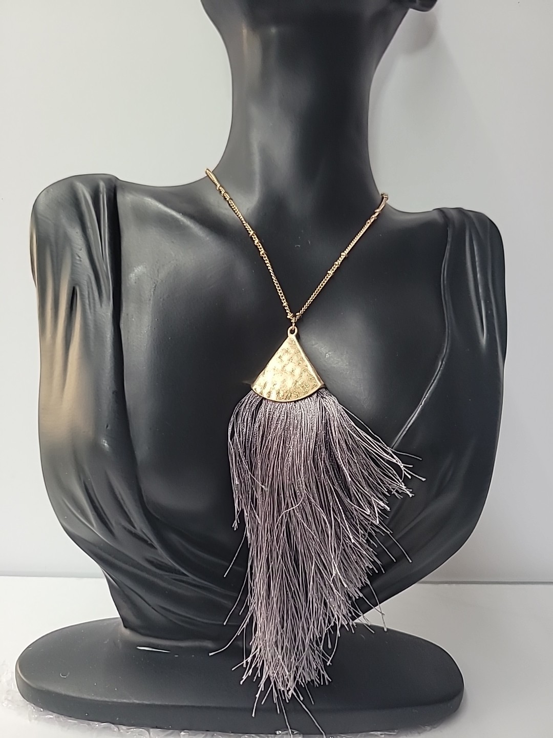 Vintage Gold Tone Hammered Fan Pendant Gray Tassel Necklace Boho Fringe Jewelry