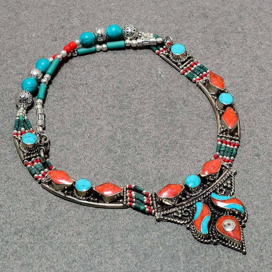 Red Coral Turquoise Necklace Handmade Tibetan Bohemian Nepali Jewelry 18″ N66
