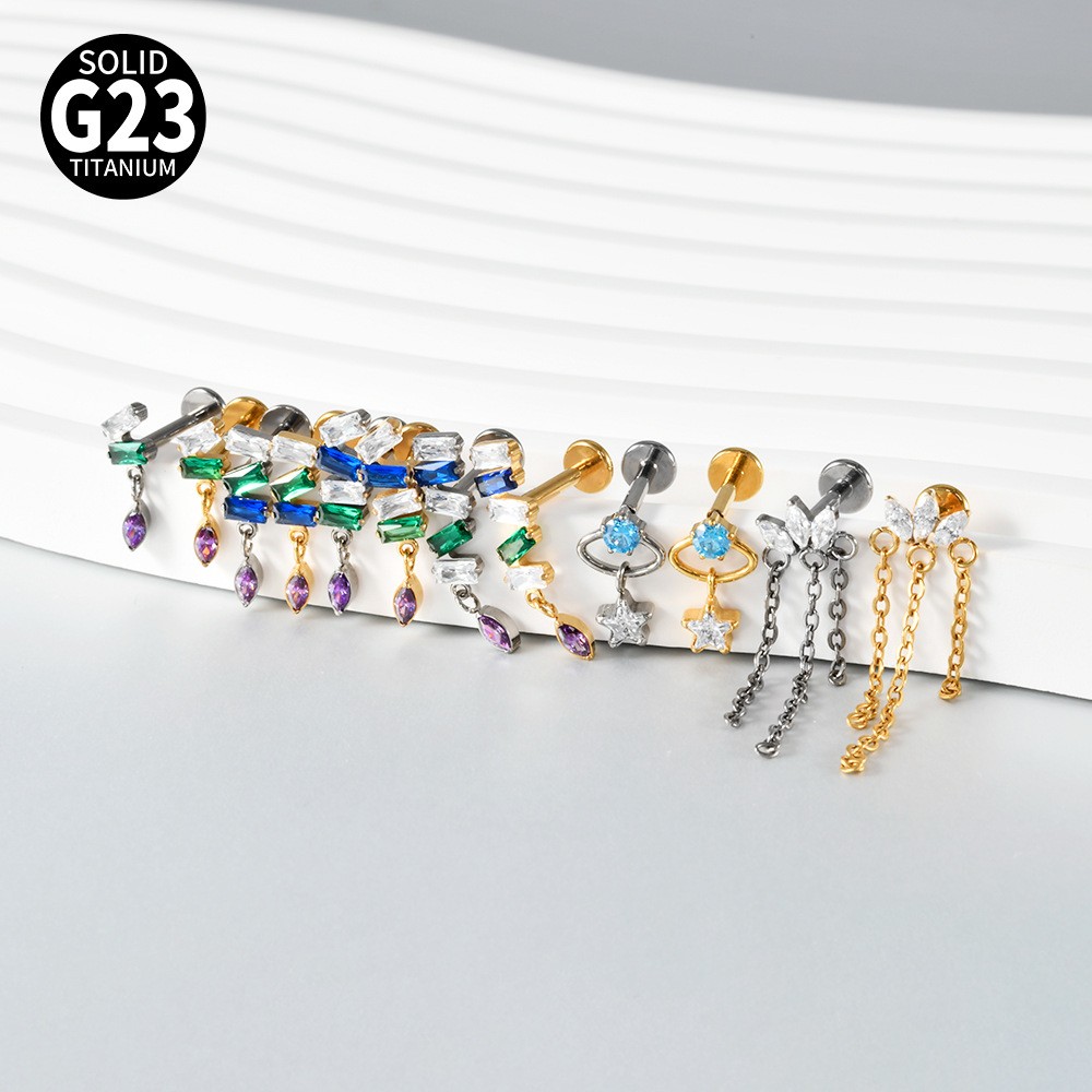 G23 Titanium Cartilage Stud Earring 16G Star/Chain Drop Labret Stud Ear Piercing