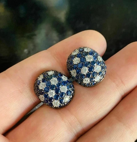 14K White Gold Finish Cluster Stud Women Earrings Round Cut Simulated Sapphire