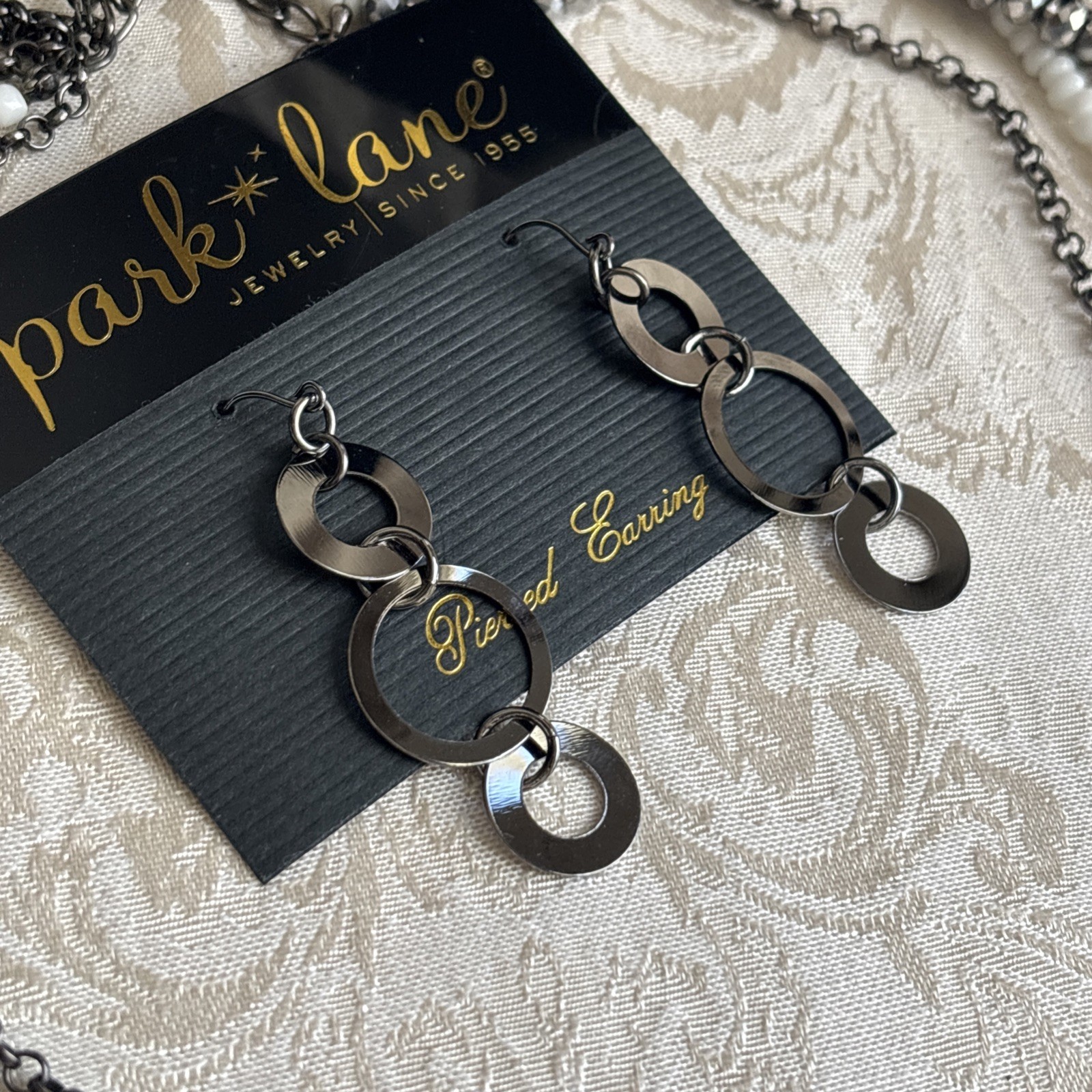 Park Lane Chic Earrings Hematite Tone Interlocking Circles & Unsigned Necklace