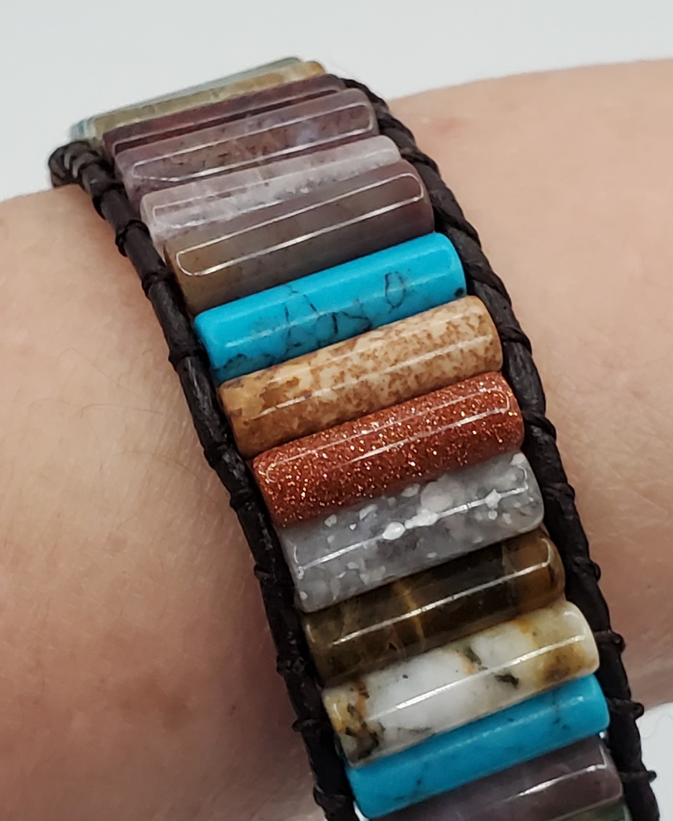 Southwest Stone Leather Wrap Bracelet 7in or 8in Unisex Multicolor Tube Beads