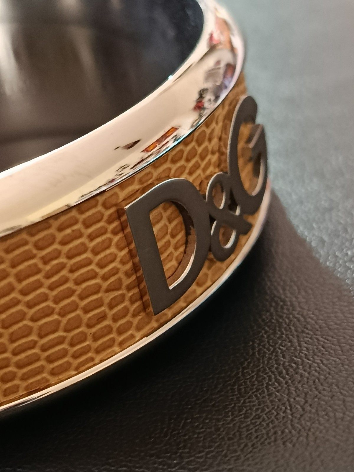 Dolce & Gabbana D&G Logo Bangle Bracelet Steel Leather Effect Cuff