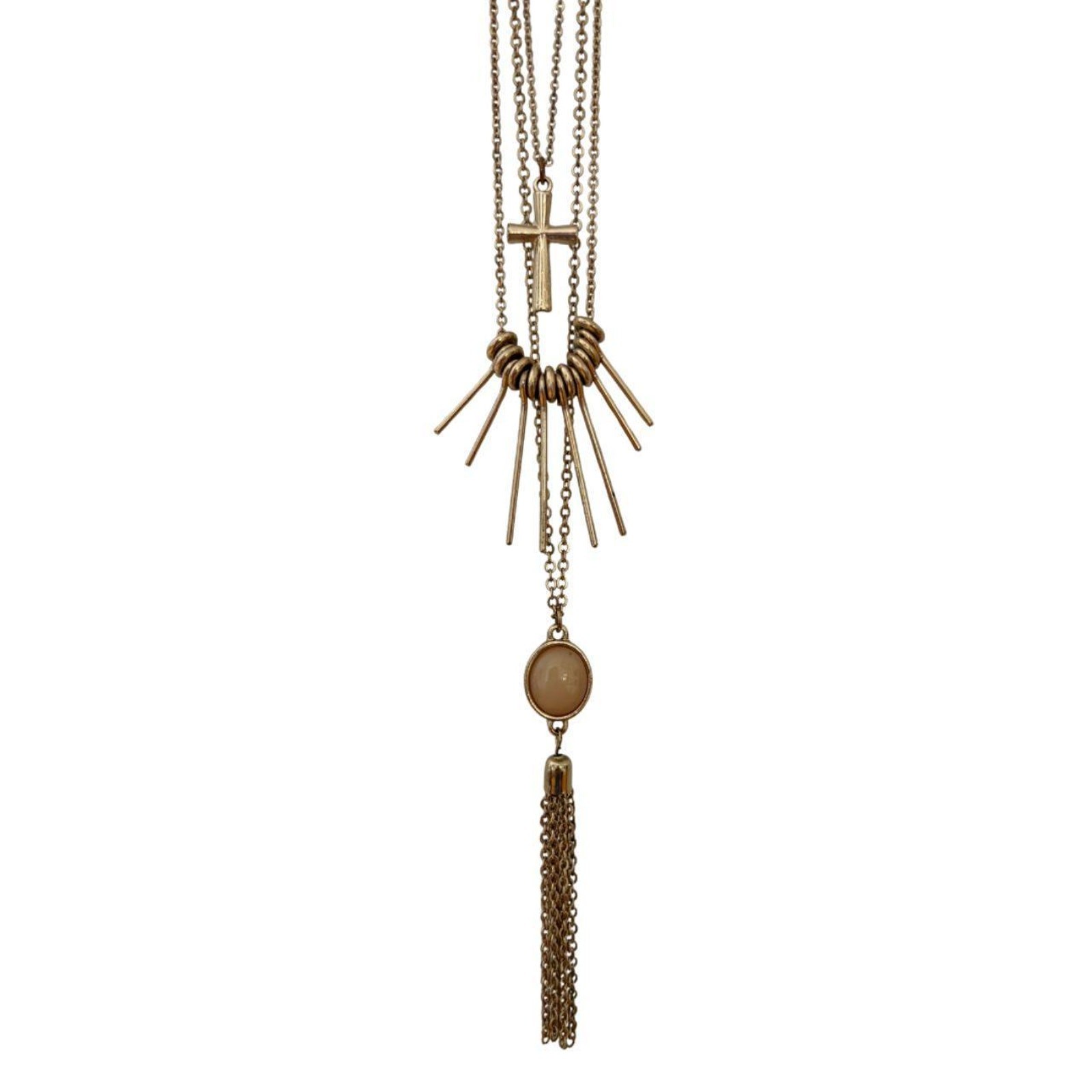 Boho Layered Multi Strand Chain Tassel Necklace Cross Charms Statement