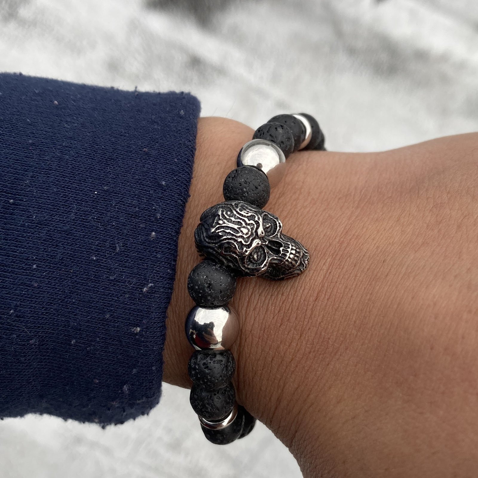 MENDEL 7 Inch Mens Lava Stone Rock Beads Skull Biker Cuff Bracelet Men Stainless